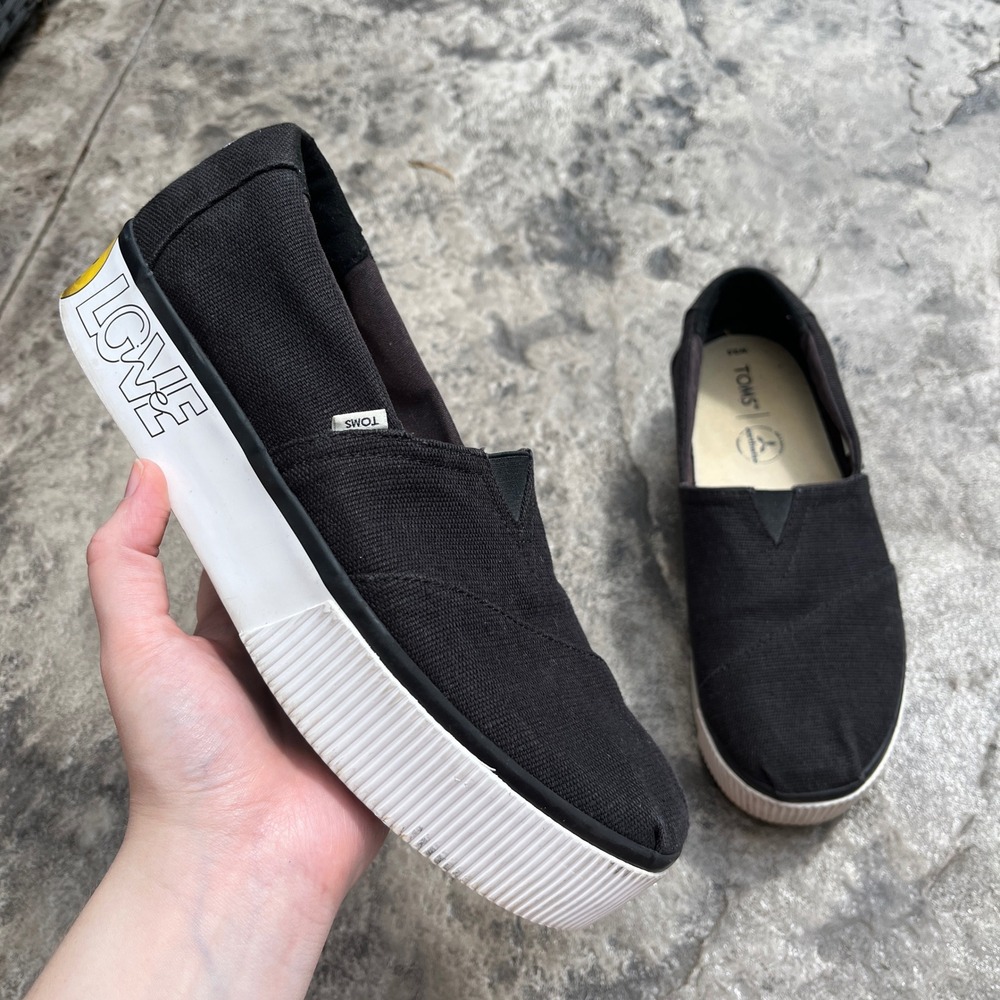 TOMS Alpargata Platform Women 9.5 Black Canvas Love Smiley Face Slip On Shoes